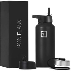 Iron Flask sporta ūdens pudele - 32oz 3 vāciņi (ar salmiņa vāciņu), vakuumizolēta nerūsējošā tērauda dubultsienas termiskā krūze, metāla ēdnīca