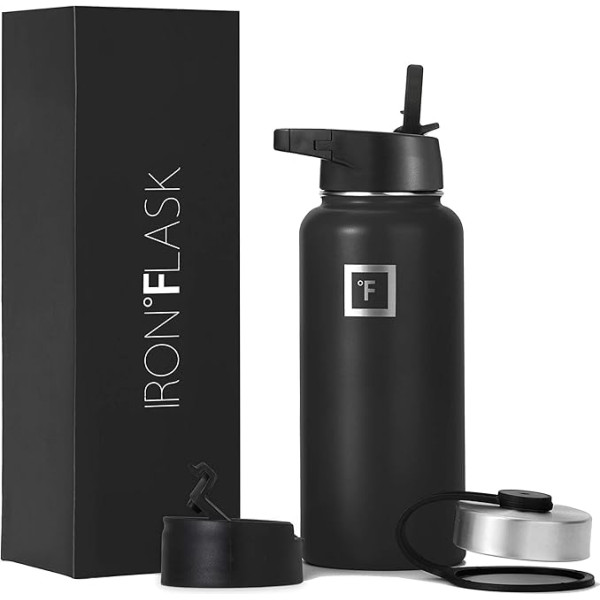 Iron Flask sporta ūdens pudele - 32oz 3 vāciņi (ar salmiņa vāciņu), vakuumizolēta nerūsējošā tērauda dubultsienas termiskā krūze, metāla ēdnīca