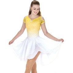 Figure Skating Dress Women Girls Ice Skating Performance Competition Costume Spandex Rhinestone Handmade Lace Skating Wearing Sleeves Yellow Gradient