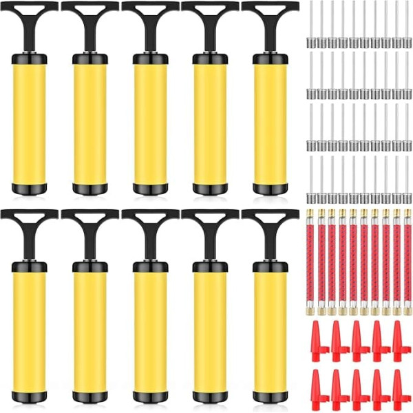 Reginary bumbu sūknis, bumbu gaisa sūknis, piepūšamais futbola sūknis ar adatu un pagarinājuma šļūteni, pārnēsājams rokas sūkņa komplekts bumbām, basketbolam, futbolam, volejbolam, dzeltens, tukšs, 10 gab.