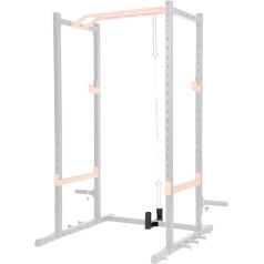 Sunny Health & Fitness Power Rack un Cage Add-on stiprinājuma piederumi: Stieņa turētājs, dip stieņi, J-veida āķis, LAT pievilkšanās stienis, pievilkšanās stienis, piekares vai U-veida riņķis.