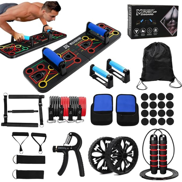 Miliorari Push Up Board Mājas vingrošanas aprīkojums ietver pretestības joslu komplektu vēdera rullīti Pilates Bar Pilna ķermeņa treniņš vīriešiem sievietēm Dāvana draugam