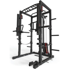 Atletica R7-Helix Power Rack, 90 kg vai 120 kg svara statīvs, Lat Pull, Jammer Arms, drošības siksnas, J-Hooks, Dip/Pull-Up Bar, Landmine