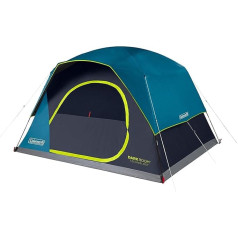 Coleman Skydome kempinga telts ar Dark Room tehnoloģiju, 4/6/8/10 personu ģimenes telts, uzceļama 5 minūtēs un bloķē 90 % saules gaismas, laikapstākļiem izturīga telts ar papildu uzglabāšanas vietu un ventilāciju.