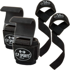 C.P. Sports Pull-Up Hook komplekts + polsterētas pacelšanas siksnas - pacelšanas siksnas stiprības treniņš, Pull Hooks, pacelšanas palīglīdzekļi, kultūrisms Grip atbalsts ar tērauda āķiem, Pull Loops