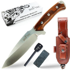 JEO-TEC Nº15 Lauko kempingo peilis su diržu Medžioklinis peilis Išgyvenimo peilis Bushcraft Knife - Vokiškas plienas Böhler N690C - Odinis dėklas + Ugnies plienas + Peilio galąstuvas