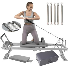 Pilates Reformer ierīce, salokāma Pilates Reformer ierīce mājas apmācībai, Pilates trenažieru ierīce ar kvadrātveida lodziņu un lecamauklu, 5 nerūsējošā tērauda atsperes, balts, balts