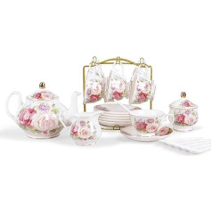 fanquare 21-Piece Porcelain European Tea Set, Pink Rose Ceramic Coffee Service, Wedding Tea Service for Afternoon Tea, Coffee