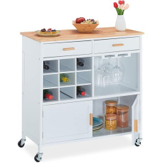 Relaxdays Kitchen Trolley, H x W x D: 88.5 x 86 x 41 cm, Worktop, Wine Rack, Glass Holder, Kitchen Cabinet with Wheels, White