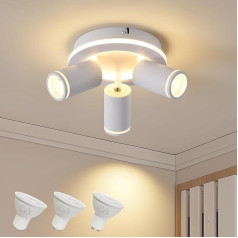 Griestu gaisma ar 3 spuldzēm LED, 350° pagriežams apaļš griestu prožektors, griestu gaisma ar samazinātu spīdumu, 15 W + 3 x 5 W GU10 starmeši, moderns griestu prožektors 3000 K silti balta, prožektora lampa