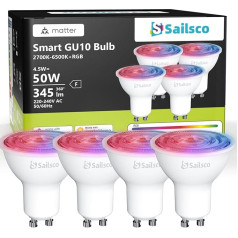 sailsco Matte Alexa Light Bulb Smart Lamp GU10, WiFi LED lampa, saderīga ar Smart Life/Alexa, aptumšojama silti balta, vēsā balta un daudzkrāsaina spuldze, vadība ar lietotni, nav nepieciešams centrmezgls, 4,5 W, 345 lm,