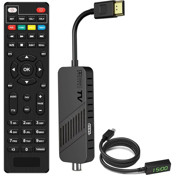 LEYF DVB-T2 uztvērējs, Full HD 1080P HDMI TV stick, slēpts aiz televizora, digitālais displejs, H265 HEVC Main 10 Bit, 2-in-1 universālā tālvadības pults, USB