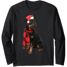 Cute Rottweiler Santa Hat Funny Picture Ziemassvētku suns Rottie Long Sleeve Shirt, melns