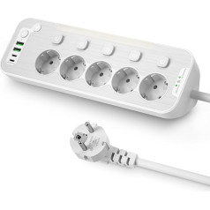 Galda kontaktligzda ar USB, 5-virzienu strāvas adapteris, individuāli pārslēdzams, stūra kontaktligzda, virtuve un birojs, sienas kontaktligzda ar slēdzi, metāla strāvas adapteris, aizsardzība pret pārspriegumu, 2 m kabelis, balta krāsā