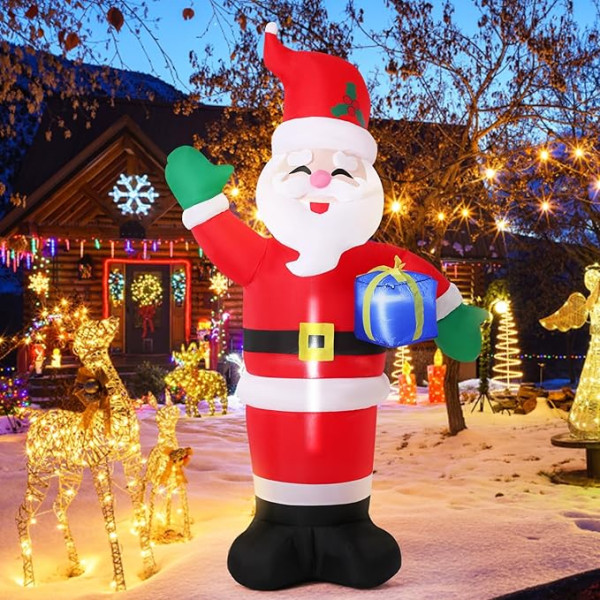 Luckits Ziemassvētku rotājums Santa Claus Piepūšamais 220 cm piepūšamais Ziemassvētku vecīša pagalma rotājums ar LED gaismām un iebūvētām 3 kabatām iekštelpām āra zāliena pagalmam