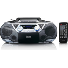 Lenco SCD-720 - Boombox DAB+ - Bluetooth 5.0 - CD/MP3 atskaņotājs ar augšējo ielādi - kasešu dekors - FM radio - USB ports - 2 x 6 W RMS - Bass Reflex - tālvadības pults - sudraba krāsā