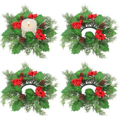 Set of 4 Rings for Christmas Candles, 25 cm, Candle Wreath, Advent Wreath, Candle Holder, Artificial with Candles, Red Berries, Pine Cones for Christmas Table Decoration