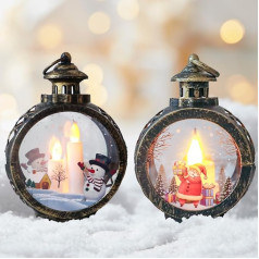 SKIKHN Christmas Decoration Lantern, Pack of 2 LED Ball Lanterns, Santa Lantern, Flameless Christmas Candles, Vintage Christmas Decoration Lantern for Hanging for Indoor and Outdoor Use (8.5 x 12 cm)