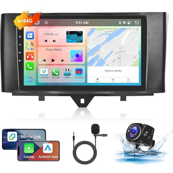 Podofo Auto radio Mercedes-Benz Smart 2011-2015 ar bezvadu Carplay Android Car, 9 collu IPS skārienjūtīgais ekrāns, 8 kodolu 4+64G, Bluetooth auto radio ar WiFi/Mirror Link/GPS + atpakaļgaitas kamera