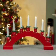 The Christmas Workshop 71179 Red Bow Wooden Candle Bridge with Candle Holders 7 Warm White LEDs Christmas Decoration Indoor 45 cm x 31.5 cm x 5 cm Battery Operated