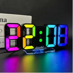 Seutgjie 3D LED digitālais modinātājs, galda pulkstenis, digitālais pulkstenis, 14 RGB krāsu maiņa, 12/24 stundas, 3 spilgtuma regulēšanas iespējas, nakts spilgtuma režīms, snaudas režīms ar tālvadības pulti, melns