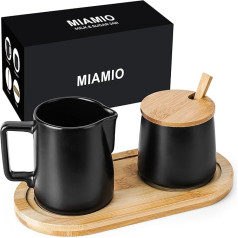 MIAMIO - Piena un cukura komplekts ar vāku un karoti/keramikas piena krūze ar koka paplāti - piemērots mikroviļņu krāsnij un trauku mazgājamā mašīnā (melns)