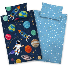 Aminata kids Bērnu gultasveļa Space 100 x 135 cm 40 x 60 cm - Bērnu gultasveļa Kosmosa motīvs - Zēni Rocket Cotton Zip Blue