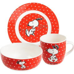 United Labels The Peanuts Snoopy 3-diegu brokastu komplekts, sarkans ar punktiņiem, porcelāna trauku komplekts ar šķīvja diametru 19 cm, krūzes 220 ml un bļodas 330 ml