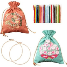 PAIKIUU 2 Pack Izšūšanas komplekts Drawstring Bag iesācējiem pieaugušajiem, DIY šūšanas rokas komplekti Canvas Bag izšūšanas sākuma komplekts ar ziedu rakstu instrukcijām un rāmi Sarkans un zils