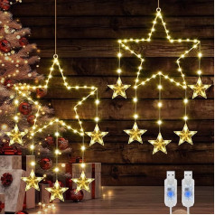 Therlan LED logu rotājums Ziemassvētku izgaismots Pack of 2 62 LED Ziemassvētku lampas Window Star 8 gaismas režīmi USB Plug Powered Ziemassvētku zvaigzne Ziemassvētku rotājums Window Illuminated Warm White