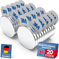 REORDA Magnēti pašlīmējoši spēcīgi | Maxi Pack of 20 (30 x 3 mm) - neodīma magnēti pašlīmējoši ar 3 m magnētiskiem līmplēves spilventiņiem | Magnēti magnēti tirdzniecībai, tāfelei, fotogrāfijām un ledusskapim