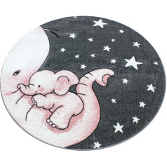 Bravich LARGE ROUND PINK GREY WHITE ELEPHANT & STARS PASTEL COLOURS SUPER SOFT THICK ANTI ALLERGENIC KIDS ROOM RUG 6