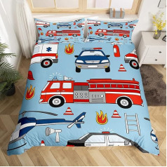 Manfei Ugunsdzēsēju brigāde Truck Bērnu sega Cover Set S izmērs, karikatūra policijas auto lidmašīna lidmašīna toddler gultas komplekts, meitenes pieaugušie, ugunsdzēsēju brigādes rīki mierinātājs Cover, sarkans zils sega segu pārvalks, 