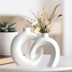 Couples Decorative Vase White Matt - Ceramic Vase for Pampas Grass Aesthetic Round Doughnut Vases Set - Flower Vase Modern Boho for Decoration Living Room Shelf Coffee Table Table Bookshelf Fireplace