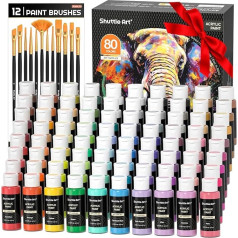 Shuttle Art akrila krāsu komplekts, 80 krāsainas akrila krāsas pudelītēs (60 ml katra) ar 12 otu komplektu, netoksiskas, akrila krāsas ūdensizturīgas māksliniekiem, iesācējiem, pieaugušajiem uz audekla, akmeņiem, koka