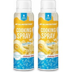 2 x ALLNUTRITION kulinārijas aerosols, 250 ml katrā kārbā (kopā 500 ml), kulinārijas aerosols eļļošanai, ideāli piemērots dozēšanai, vegāns un bez lipekļa, dažādas šķirnes (sviests).