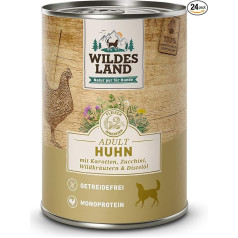 Wildes Land - Mitrā barība suņiem - Nr. 2 Vistas gaļa - 24 x 400 g - ar burkāniem, cukini, savvaļas garšaugiem un dadžu eļļu - Bez lipekļa - Īpaša gaļa - Labākā pieņemamība un saderība