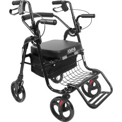 KMINA - Rollator ratiņkrēsls 2 in 1 gludām grīdām, rollators ar sēdekli un grozu, rollators senioriem, salokāms, rollators 2 in 1, rollators un ratiņkrēsls vienā melnā krāsā