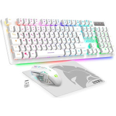 EMPIRE GAMING - Armor RF800 bezvadu uzlādējams spēļu tastatūras un peles komplekts QWERTZ (vācu izkārtojums) - tastatūra 2,4GHz RGB - pele 4800 DPI ar peles paliktni - PC PS4 PS5 Xbox One/Series Mac - balta