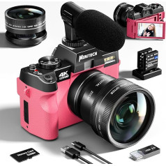Monitech digitālā fotokamera fotografēšanai un video uzņemšanai, 4K kompaktā kamera ar automātisko fokusu, 48 MP fotokamera video blogiem ar 180° pagriežamu ekrānu, 16x digitālā tālummaiņa, 32 GB karte, 2 baterijas, 2024 (S100, rozā)