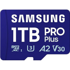 Samsung PRO Plus (2023) microSD karte + SD adapteris, 1TB, UHS-I U3, Full HD un 4K UHD, 180MB/s nolasīšana, 130MB/s ierakstīšana, atmiņas karte viedtālrunim, videokamerai, rokas konsolei, MB-MD1T0SA/EU