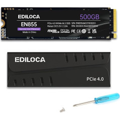 Ediloca EN855 500GB iekšējais SSD diskdziņš ar radiatoru PCIe Gen4, NVMe M.2 2280, līdz 7400MB/s lasīšanas ātrums, 3D NAND TLC, konfigurējams DRAM Cache, cietvielu disks ar radiatoru PS5 un PC