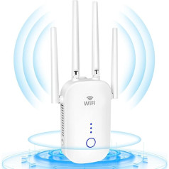 WLAN pastiprinātājs WLAN retranslators ar 1200 Mbps - WiFi Extender Booster Dual Band 2,4GHz & 5,8GHz interneta pastiprinātājs ar ārējām 4 x 3dBi divjoslu antenām Interneta pastiprinātājs līdz 3000 m² (balts)