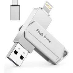 USB zibatmiņas karte iPhone 256GB MFi sertificēta 3 in 1 USB 3.0 Lightning C tipa ārējā atmiņas karte iPhone/iPad/iOS/Android/Mac/PC - ārējā atmiņa (sudraba krāsā)