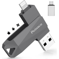 Patianco USB zibatmiņas karte iPhone, MFI sertificēta, 256 GB atmiņas karte iPad, USB 3.0 zibatmiņas diskdziņš ar iOS, Android sistēmām, Min USB C zibatmiņas karte Android mobilajam tālrunim/Laptop/PC/Mac/iOS (melna)