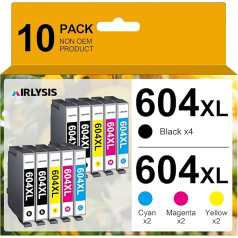 AIRLYSIS 604XL saderīgas tintes kasetnes Epson 604XL Expression Home XP-2200 XP-2205 XP-3200 XP-3205 XP-4200 XP-4205 Workforce WF-2910WF WF-2930WF WF-2930WF WF-2935WF WF-2950WF (10 vienību iepakojumā)