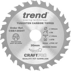 Trend CraftPro CSB/12024T Thin Kerf TCT ripzāģa asmens 120mm x 24T x 20mm urbums Volframa karbīda uzgalis