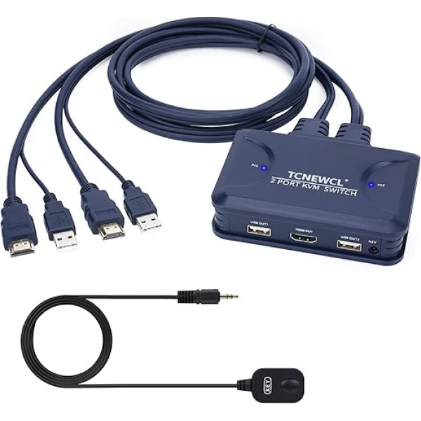 TCNEWCL 4K HDMI USB KVM slēdzis ar 1,2 m HDMI un USB kabeli, 2 portu KVM slēdzis HDMI KVM slēdzis 2 datoru daļām 1 HD monitora tastatūras pelei ar tālvadības pulti