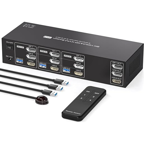 PVBCTCSID KVM slēdzis 3 PC 3 monitori HDMI + 2 Display Port 8K60Hz 4K144Hz KVM slēdzis 3 datoru USB 3.0 DP 1.4 KVM slēdzis atbalsta paplašināšanas režīmu ar IR tālvadības pulti un 3 USB 3.0 kabeļiem