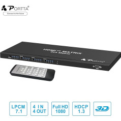 Portta HDMI Matrix 4x4 Switch Splitter 4 Ports (4 Eingänge 4 Ausgänge) Umschalter / Verteiler HDMI 1.3b HDCP Unterstützung 1920x1080 @ 60Hz RS232 und Fernbedienung Für PS3 xbox360 HDTV Notebook